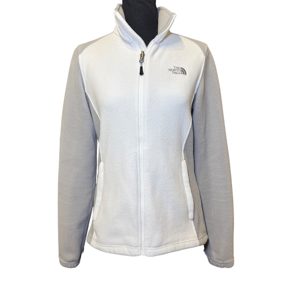 The North Face Womens S Full Zip Fleece Jacket White Grey Colorblock Mock Neck